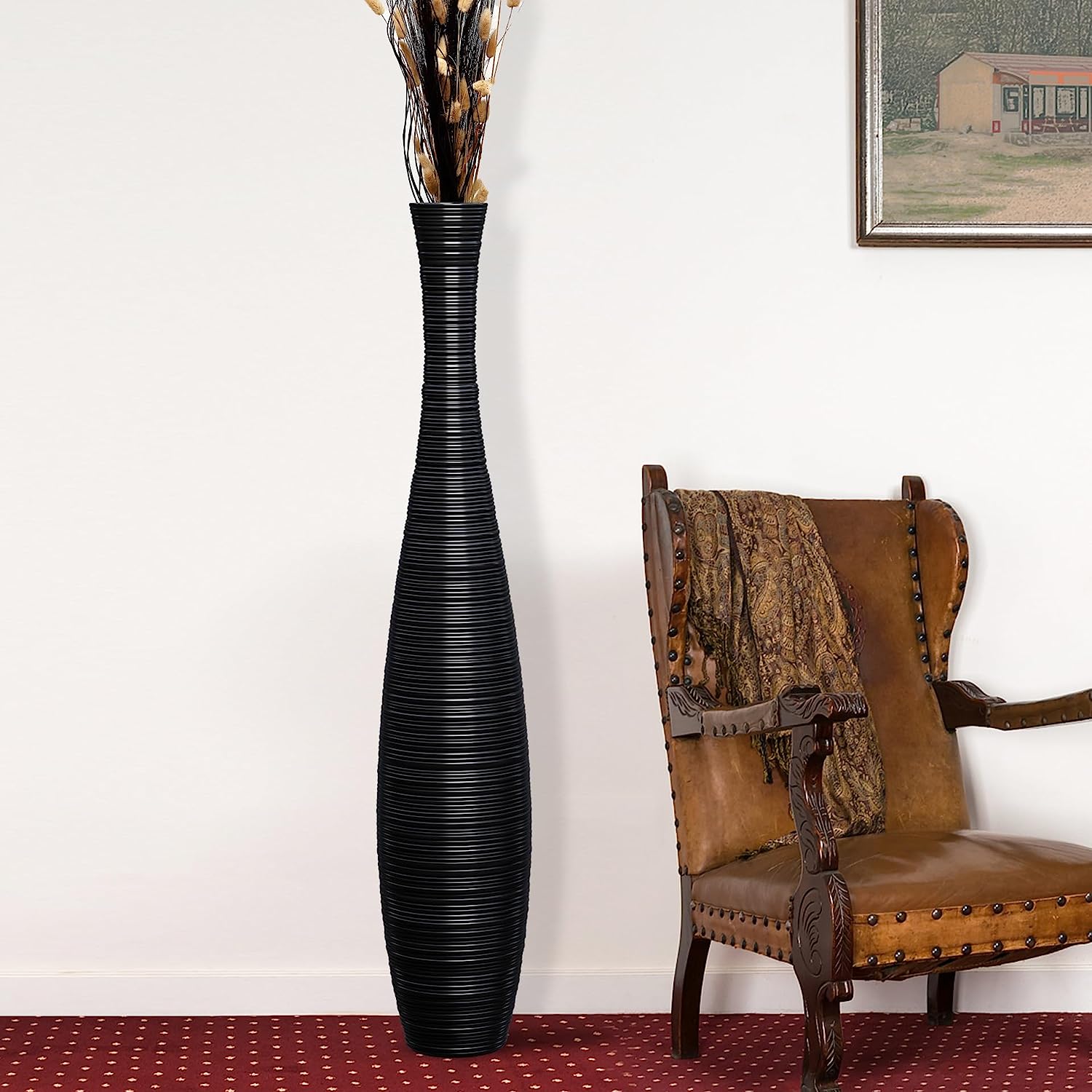 Tall Floor Vase, Large Resin Floor Vase, Sturdy, Luxury, Textured, Vessel for Decorative Branches Dried Flowers, 27.5 Inches Tall Vase for Decor, Black