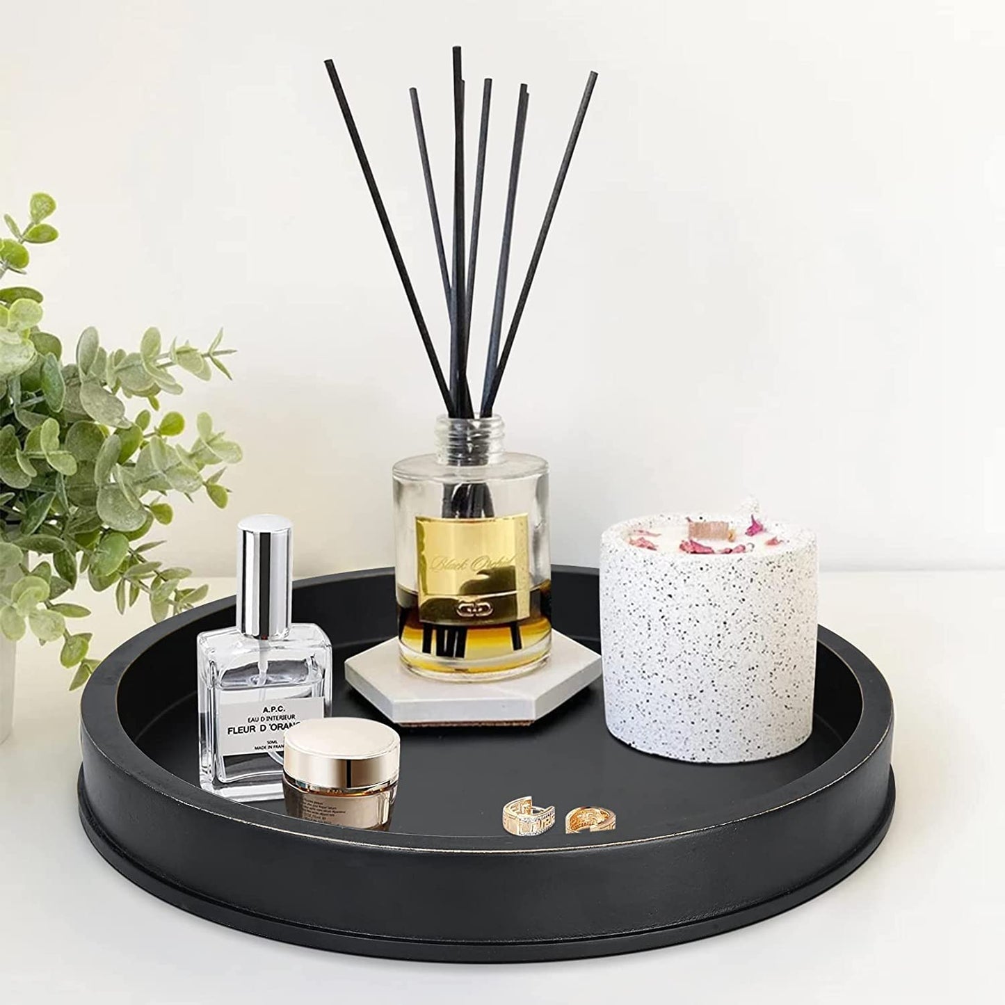 Black Decorative Tray for Coffee Table Centerpieces,Black round Decorative Serving Tray,Wood Tray Decor Modern Farmhouse Home Decorations round Coffee Table Tray Farmhouse Kitchen Countertop…