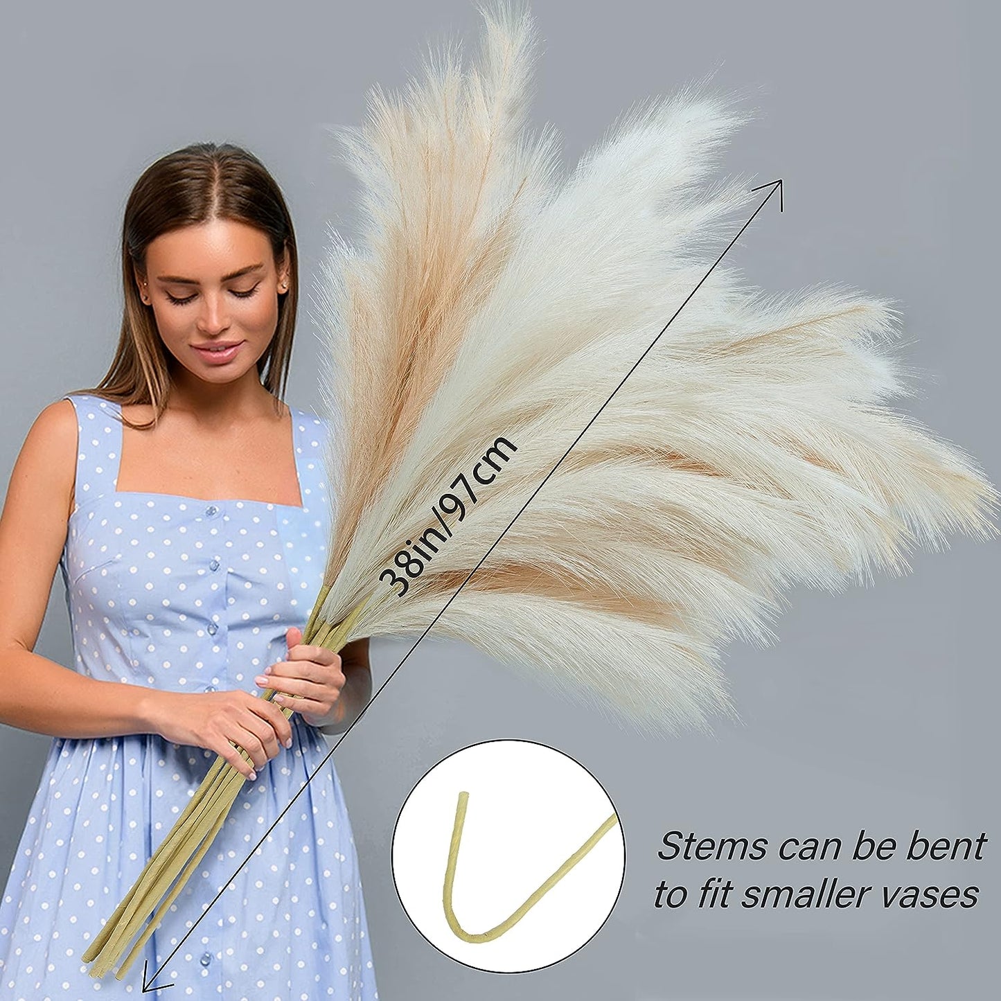 8 Pcs Faux Pampas Grass Decor 38''/97Cm Tall Artificial Large Pompas Grass Pompous Floral Fluffy Fake Plants Floor Vase Filler for Kitchen Home Boho Decorations, Mixed Beige