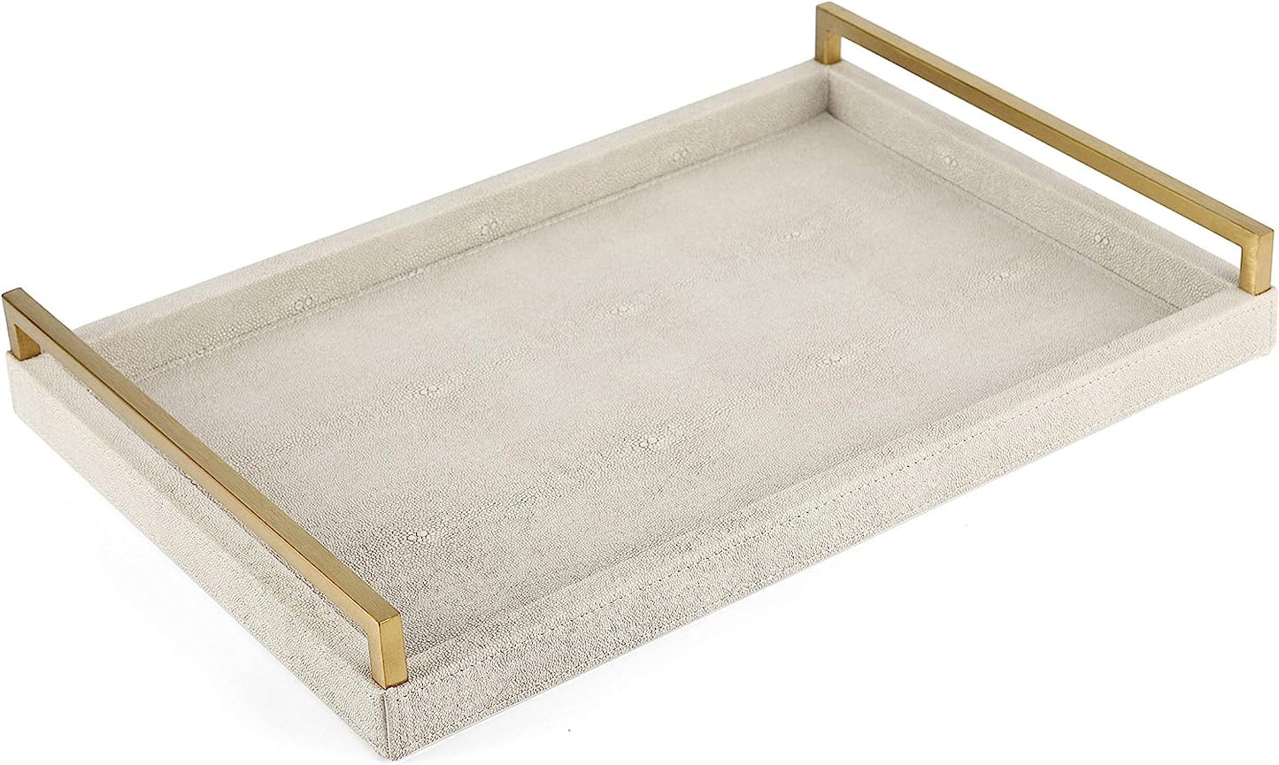 WV Ivory Faux Shagreen Decorative Tray PU Leather with Brushed Gold Stainless Steel Handle for Coffee Table, Ottoman, Console Table （Ivory