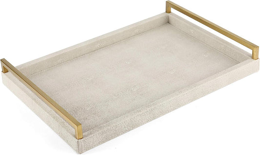 WV Ivory Faux Shagreen Decorative Tray PU Leather with Brushed Gold Stainless Steel Handle for Coffee Table, Ottoman, Console Table （Ivory