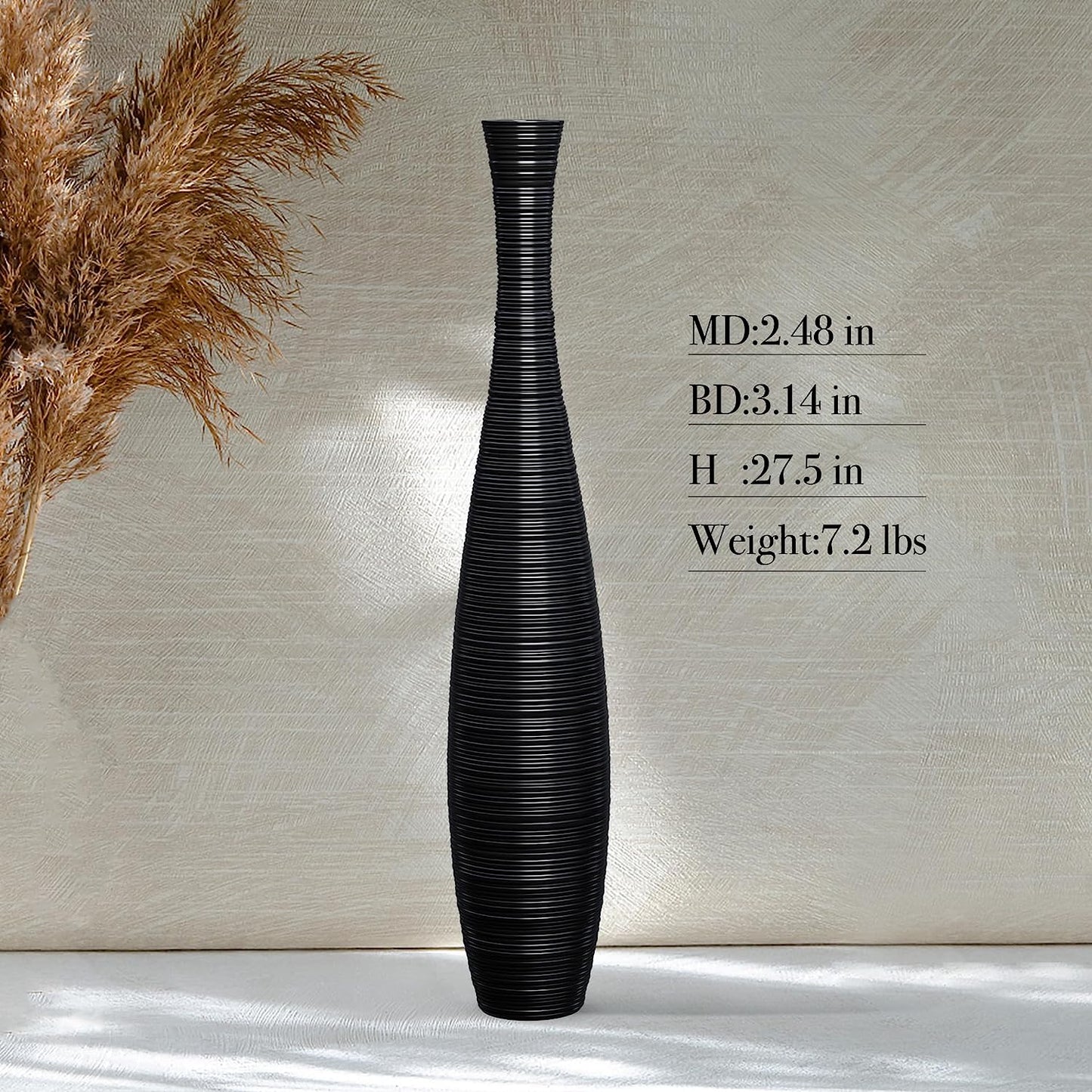 Tall Floor Vase, Large Resin Floor Vase, Sturdy, Luxury, Textured, Vessel for Decorative Branches Dried Flowers, 27.5 Inches Tall Vase for Decor, Black