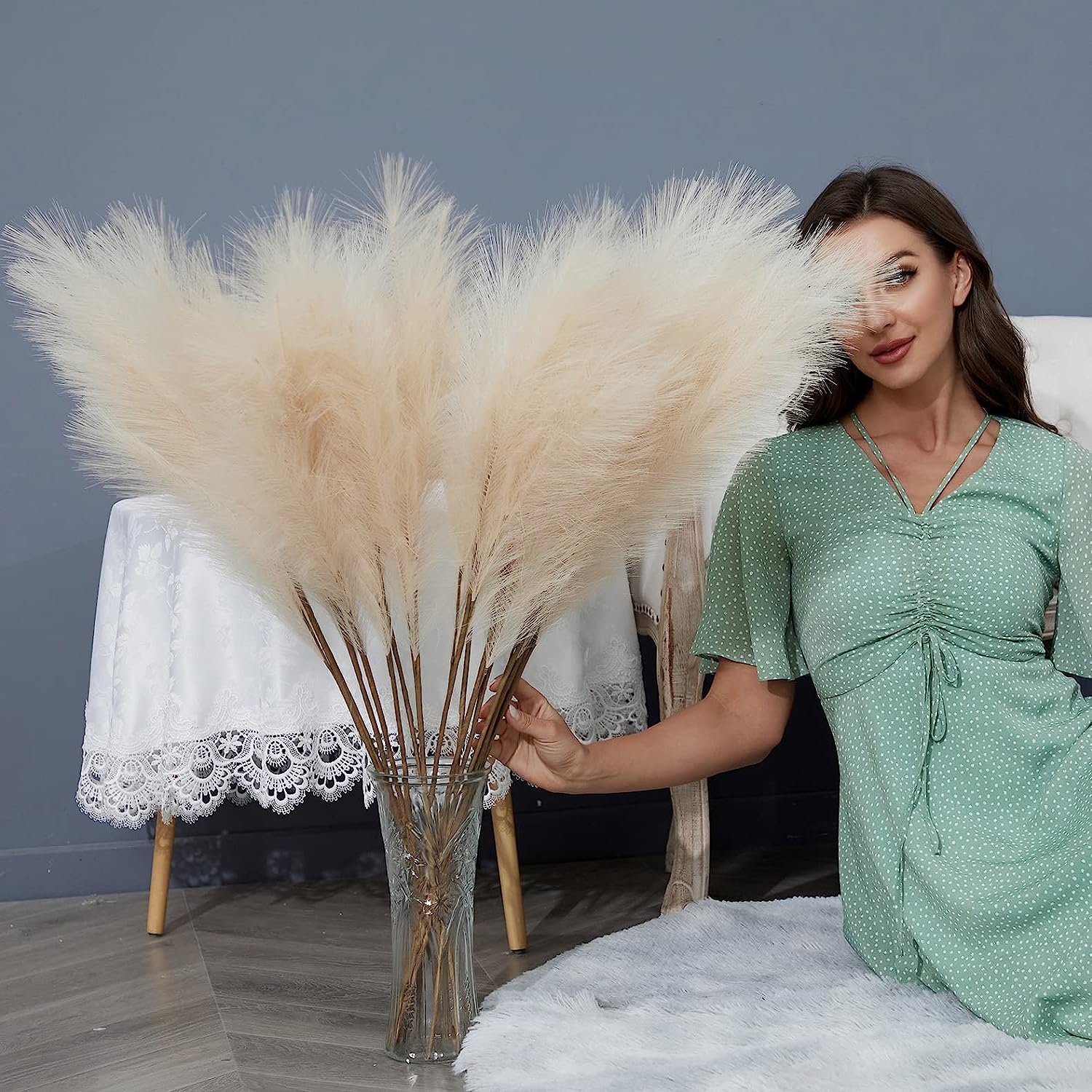 8 PCS Faux Pampas Grass Decor 38"/3.1FT Tall Fake Pompas Floral Large Artificial Pompous Grass Branches Plants for Floor Vase Filler Home Boho Decoration (Cream/Beige)