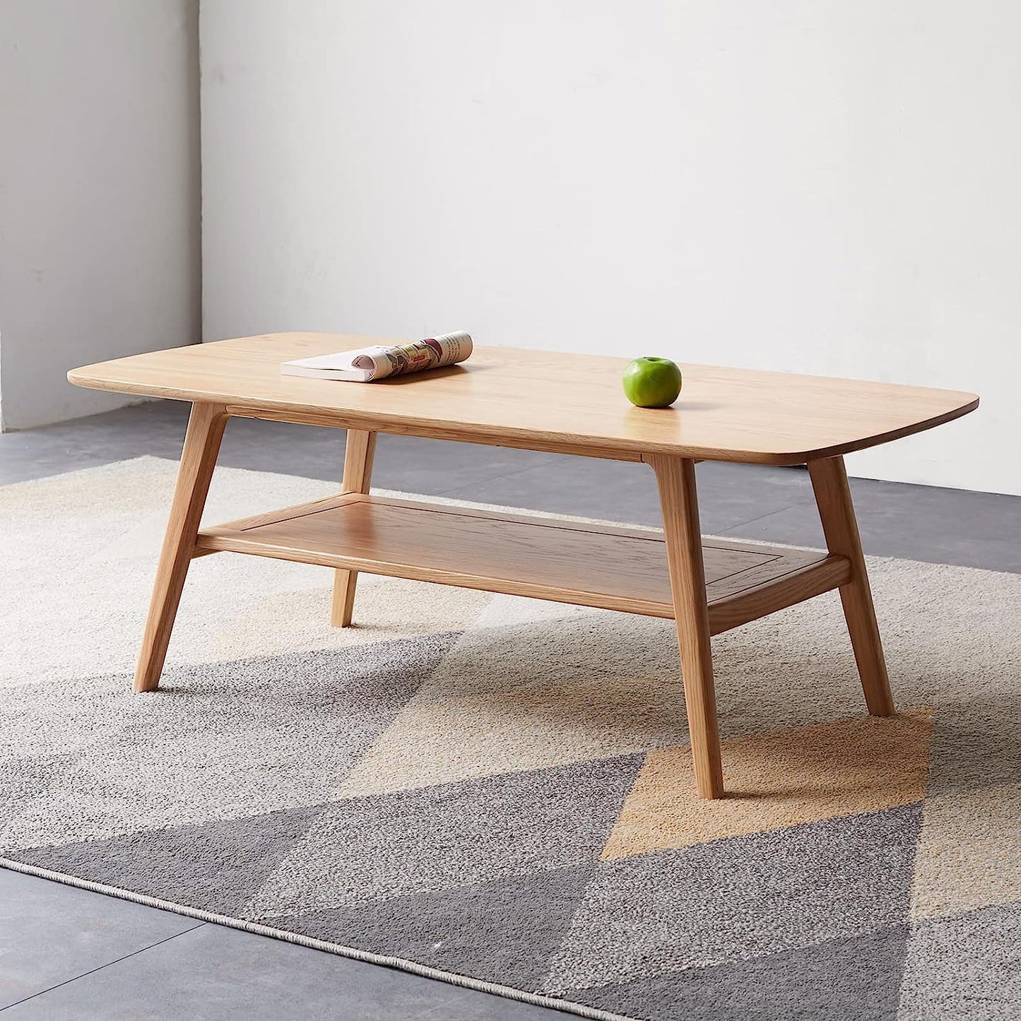 Mid-Century Modern 2-Tier Coffee Table with Storage Shelf, Natural Color 100% Solid Wood Table for Living Room, Elegant Furniture for Small Apartment (Natural, 39.37“ X 19.69” X 17.32“)