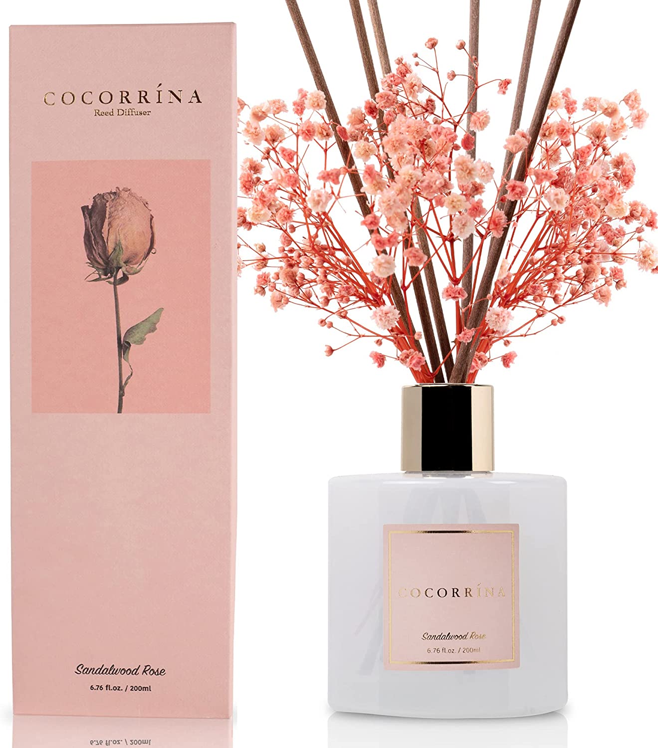 Cocorrína Premium Reed Diffuser Set with Preserved Baby'S Breath & Cotton Stick Sandalwood Rose | 6.7Oz Scent Fragrance Oil Diffuser for Bedroom Bathroom Living Room Home Décor