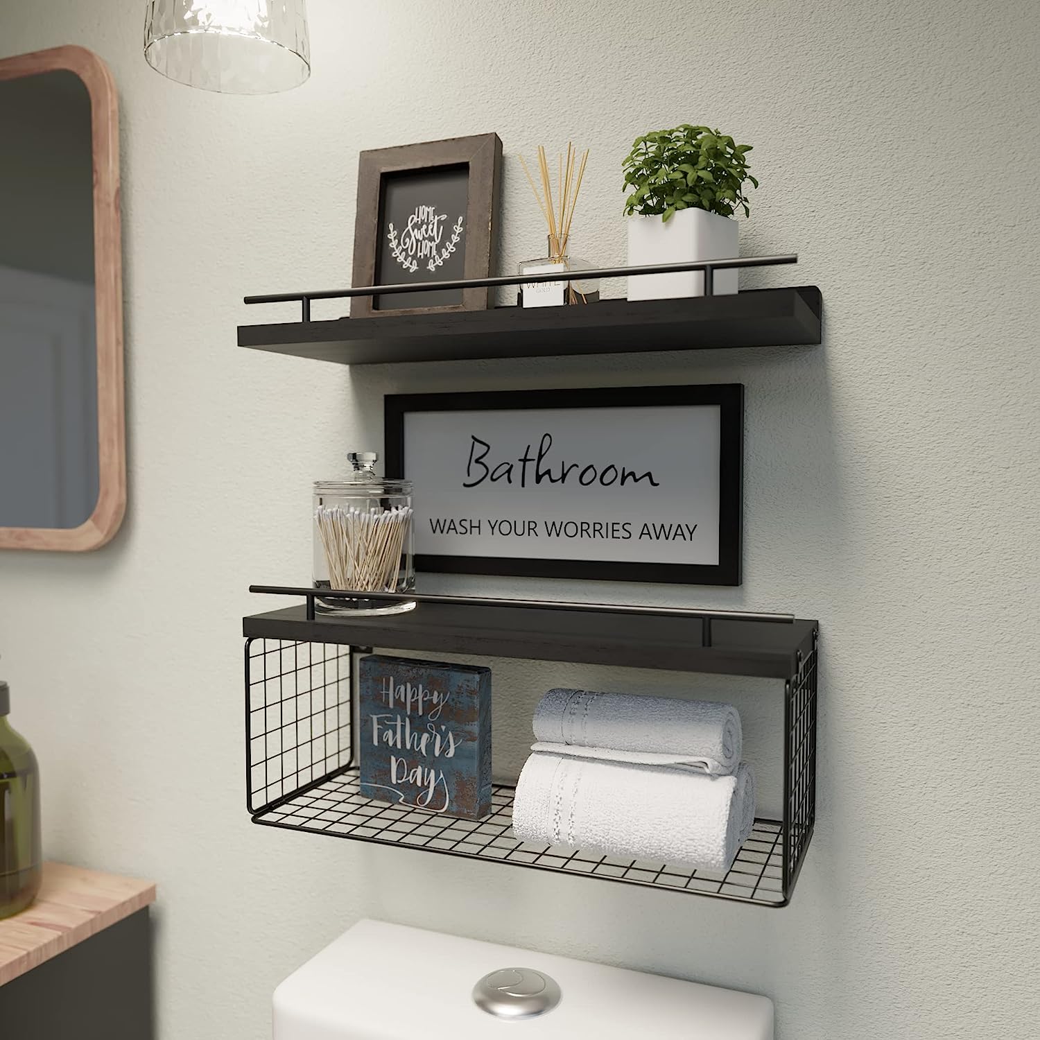 Floating Shelves with Bathroom Wall Décor Sign, Wood Floating Bathroom Shelves over Toilet with Toilet Paper Storage Basket Set of 3, Rustic Floating Shelf with Guardrail for Wall Décor–Black