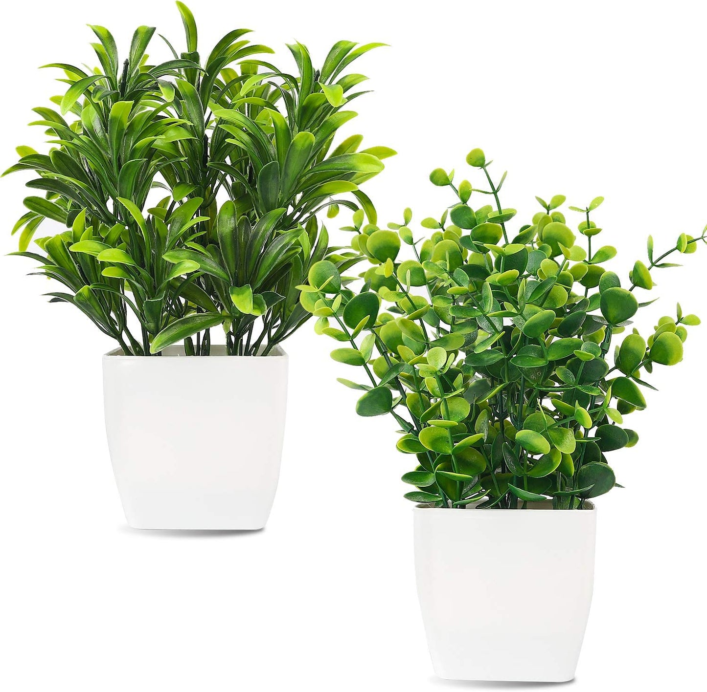 2Pcs Small Fake Plants in White Planters, Artificial Plants for Home Decor Indoor, Plastic Eucalyptus Plants for Office Desk Bathroom Bedroom Greenery Decoration
