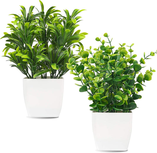 2Pcs Small Fake Plants in White Planters, Artificial Plants for Home Decor Indoor, Plastic Eucalyptus Plants for Office Desk Bathroom Bedroom Greenery Decoration
