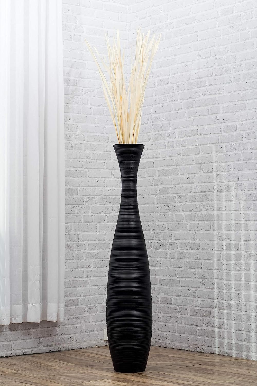 Large Floor Vase – Handmade Flower Holder Made of Wood, Sophisticated Vessel for Decorative Branches and Dried Flowers, 43 Inches, Black