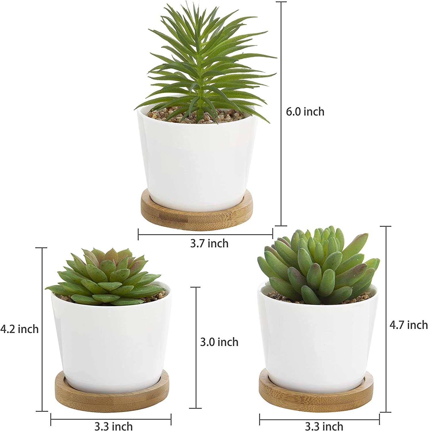 Assorted Artificial Succulent Plants - Decorative Fake Desert Plants with Pebble Fillers in White Ceramic Pots with Bamboo Saucers, Set of 3