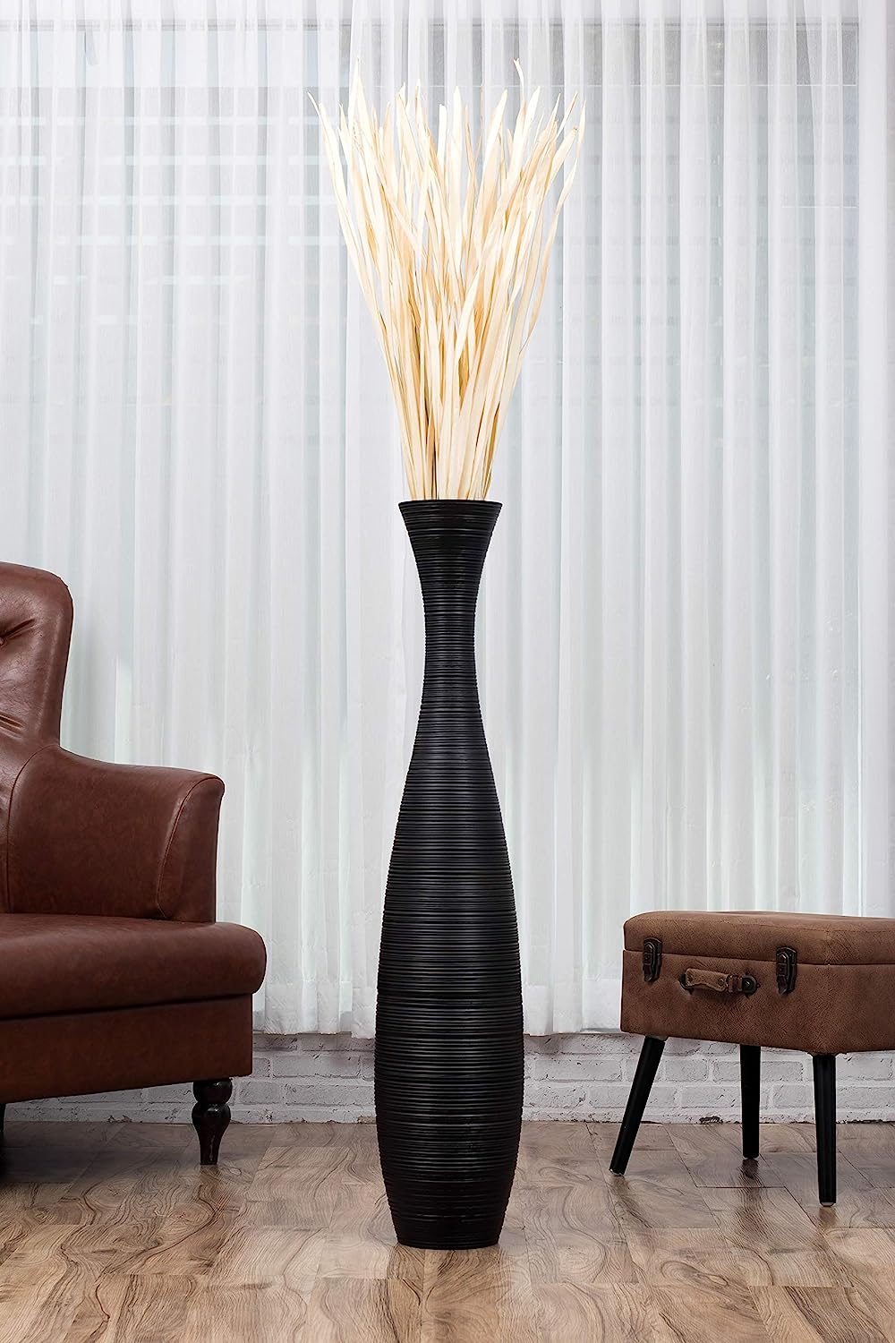 Large Floor Vase – Handmade Flower Holder Made of Wood, Sophisticated Vessel for Decorative Branches and Dried Flowers, 43 Inches, Black