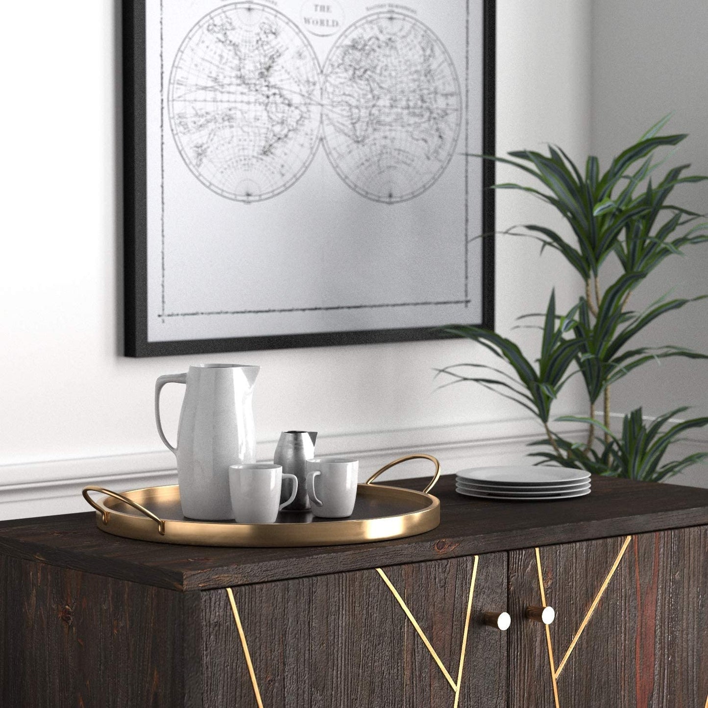 Amazon Brand – Rivet Contemporary Decorative round Metal Serving Tray with Handles, 17.5-Inch, Black and Gold