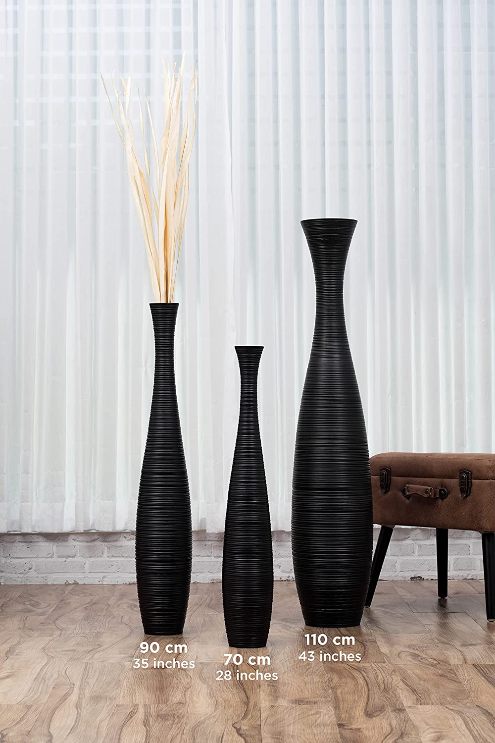 Large Floor Vase – Handmade Flower Holder Made of Wood, Sophisticated Vessel for Decorative Branches and Dried Flowers, 43 Inches, Black