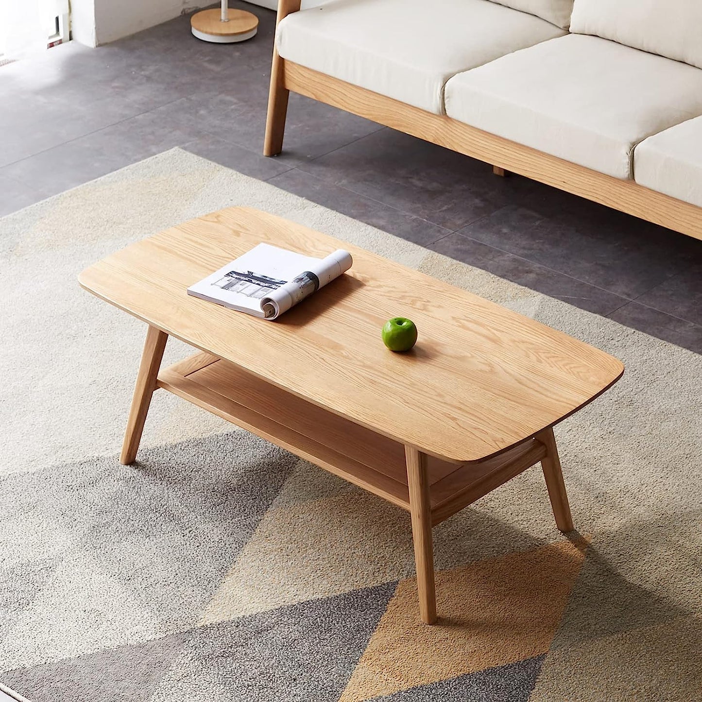Mid-Century Modern 2-Tier Coffee Table with Storage Shelf, Natural Color 100% Solid Wood Table for Living Room, Elegant Furniture for Small Apartment (Natural, 39.37“ X 19.69” X 17.32“)
