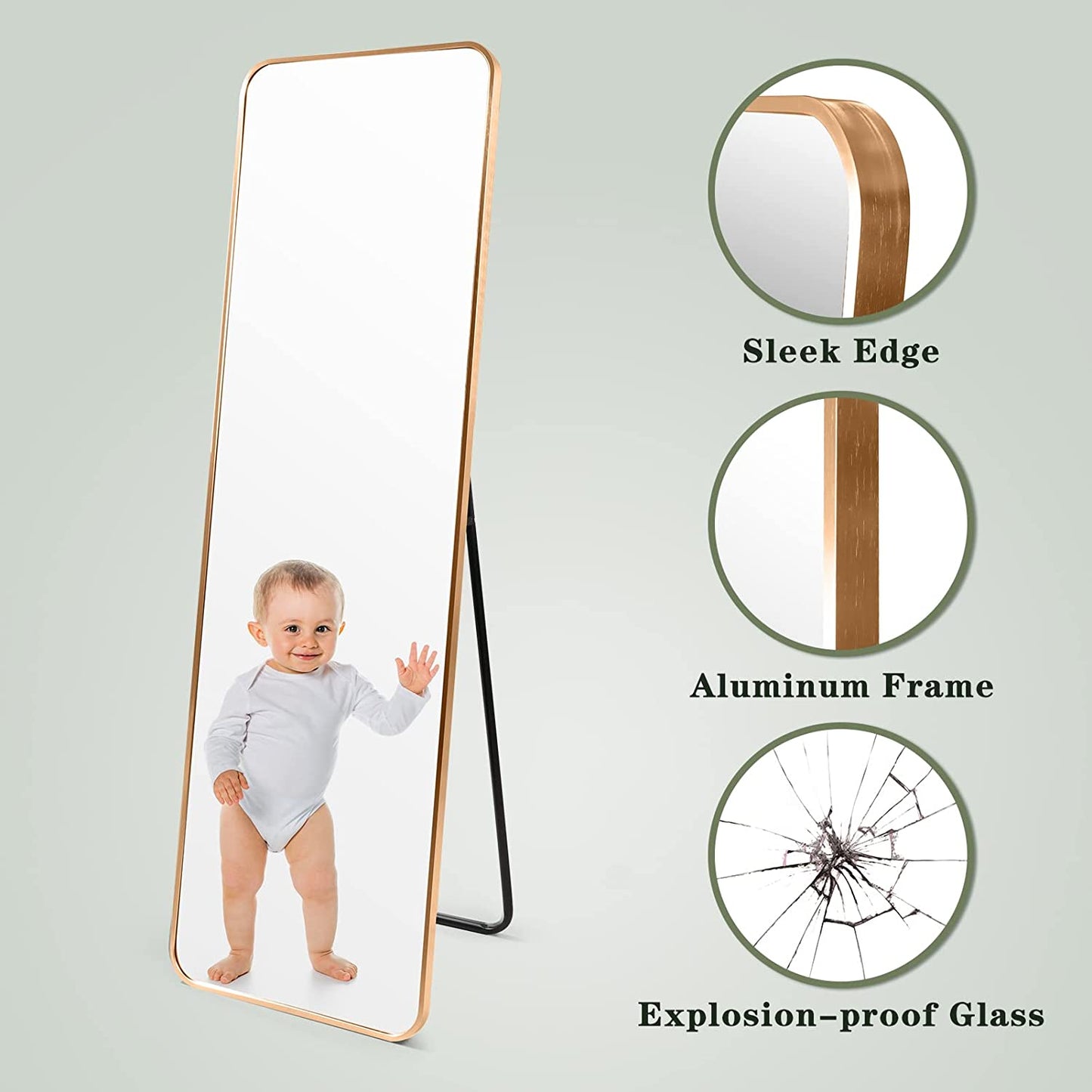 Gold Full Length Floor Mirror with Aluminum Frame for Wall Mounted, Standing, Leaning, 60"X18" Full Body Large Mirror for Dressing Room, Bedroom, Bathroom