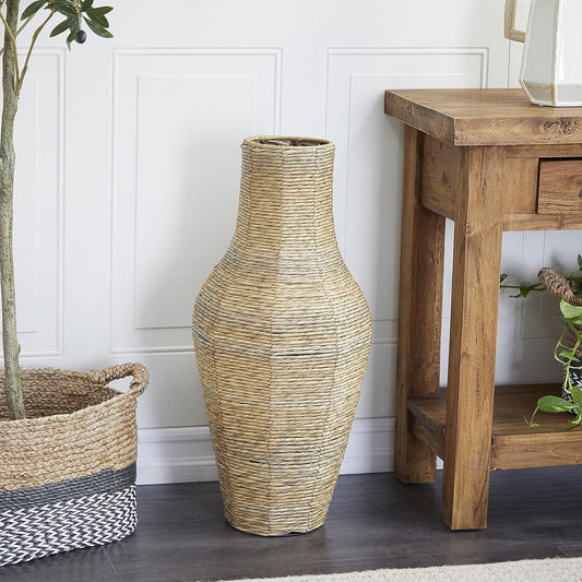 Faux Seagrass Handmade Tall Woven Floor Vase, 12" X 12" X 28", Brown