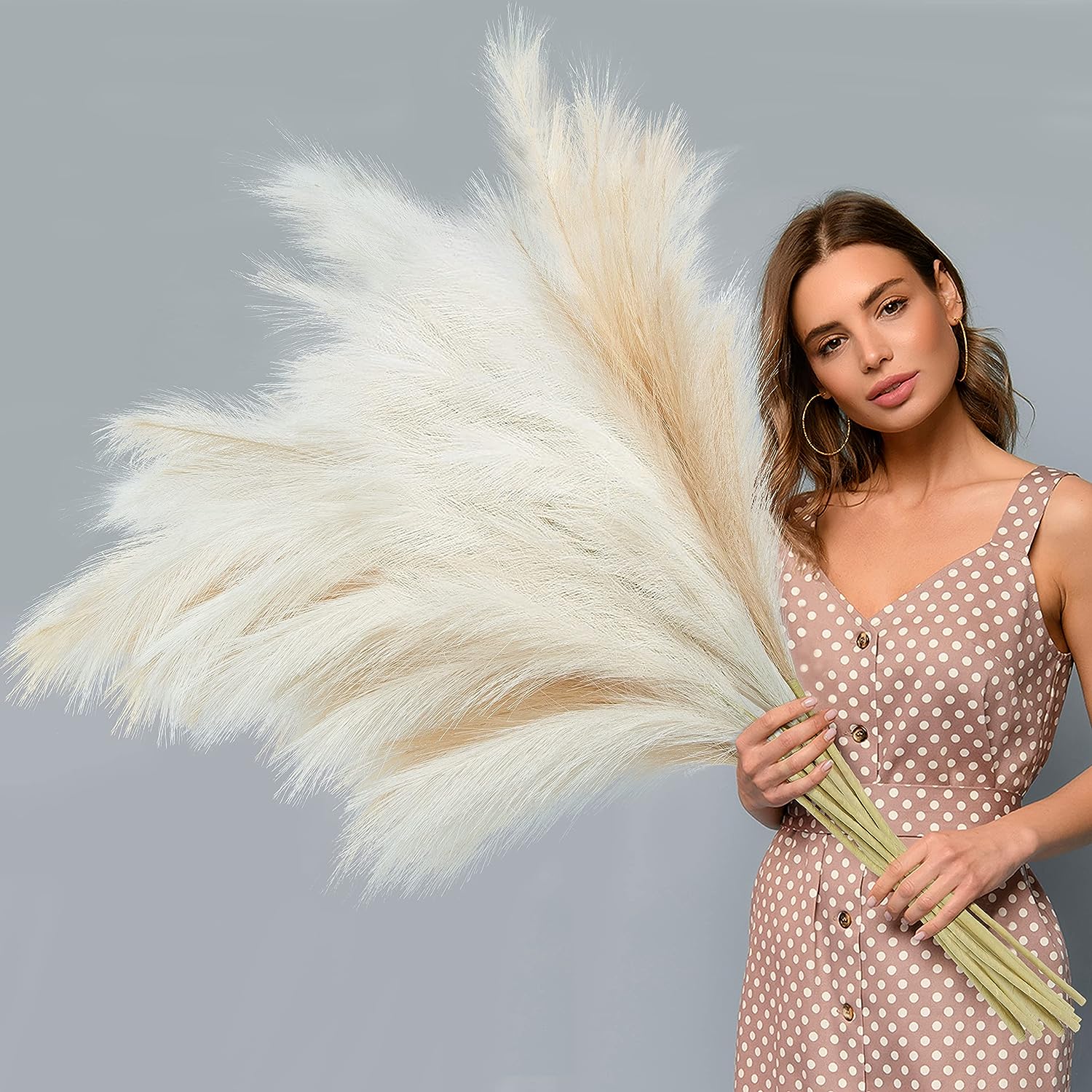 8 Pcs Faux Pampas Grass Decor 38''/97Cm Tall Artificial Large Pompas Grass Pompous Floral Fluffy Fake Plants Floor Vase Filler for Kitchen Home Boho Decorations, Mixed Beige