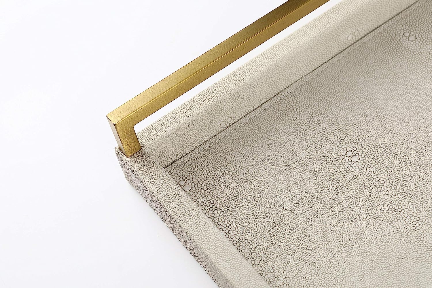 WV Ivory Faux Shagreen Decorative Tray PU Leather with Brushed Gold Stainless Steel Handle for Coffee Table, Ottoman, Console Table （Ivory