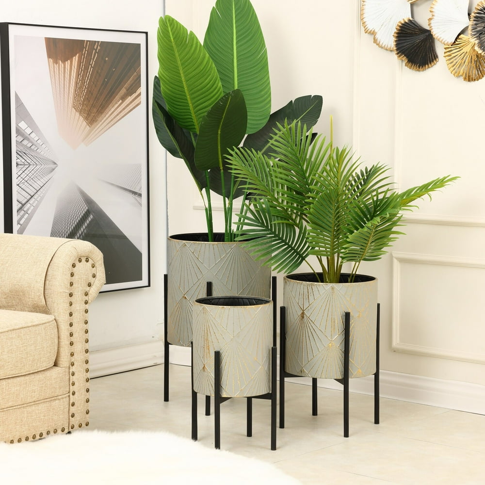 Luxenhome 3-Piece Gray and Gold Metal Cachepot Planters with Black Stand