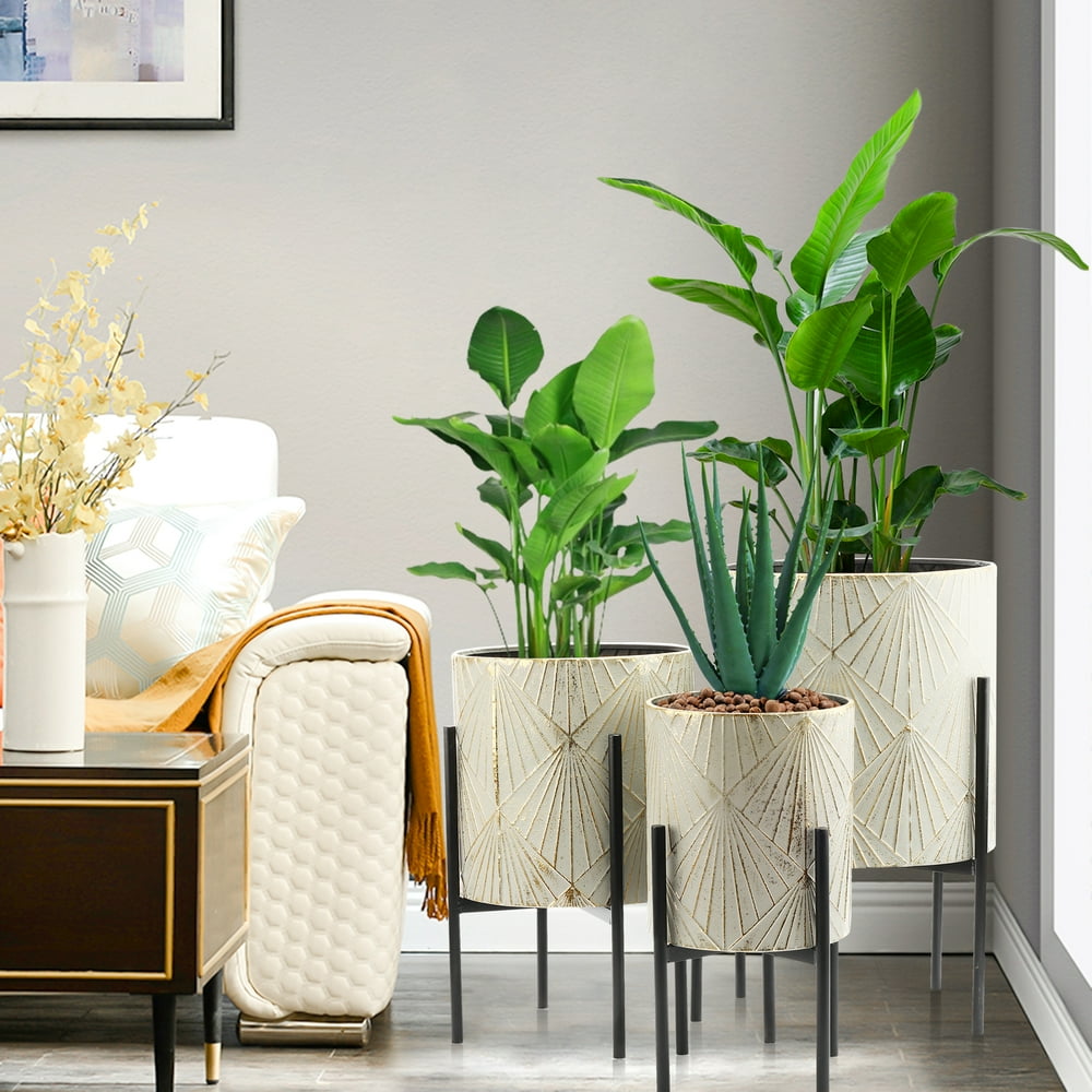 Luxenhome 3-Piece Gray and Gold Metal Cachepot Planters with Black Stand
