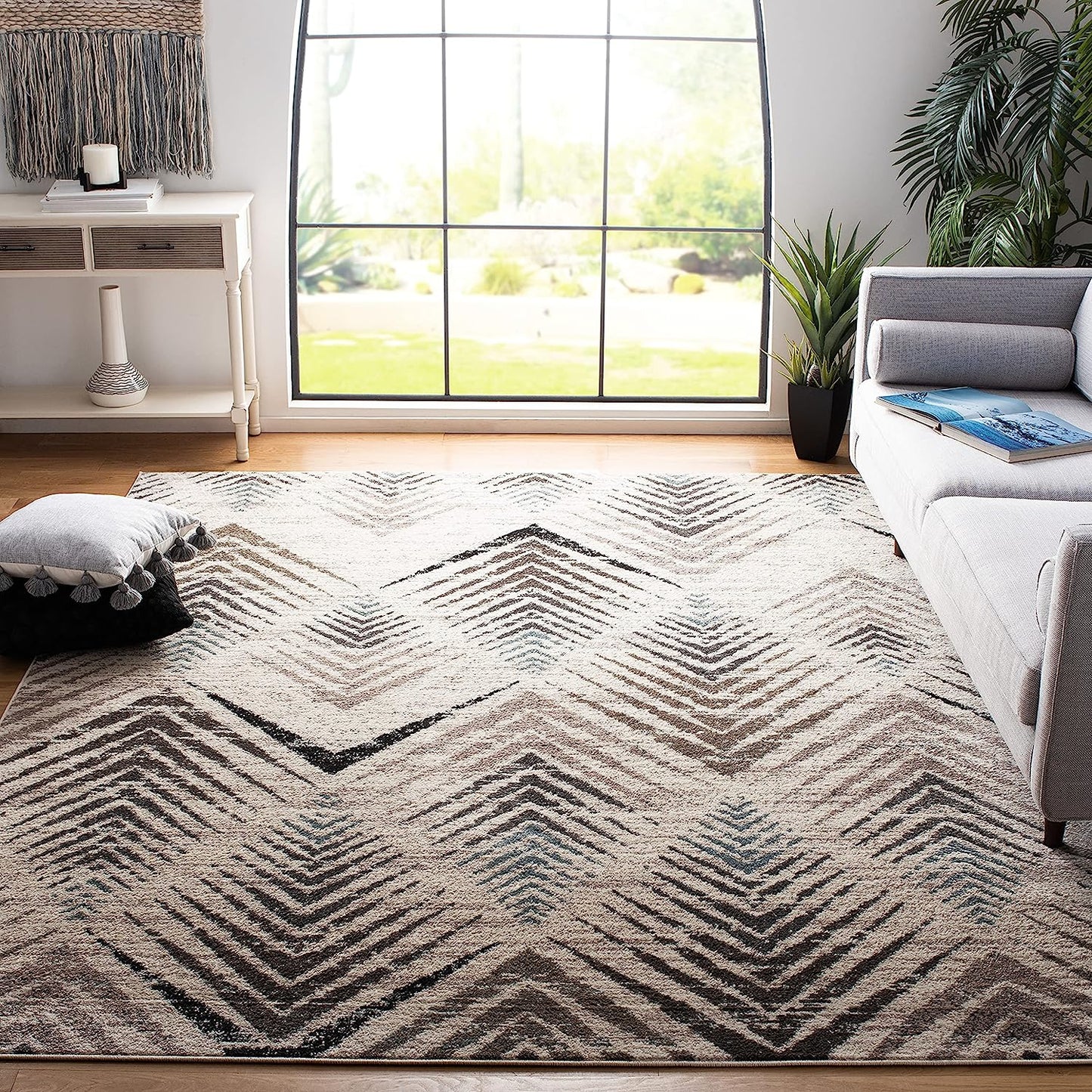 Amsterdam Collection Area Rug - 6'7" X 9'2", Cream & Beige, Modern Design, Non-Shedding & Easy Care, Ideal for High Traffic Areas in Living Room, Bedroom (AMS110A)