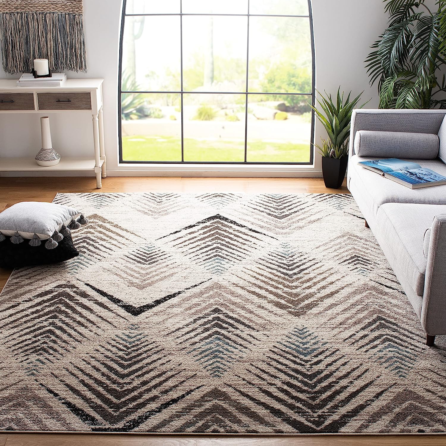 Amsterdam Collection Area Rug - 6'7" X 9'2", Cream & Beige, Modern Design, Non-Shedding & Easy Care, Ideal for High Traffic Areas in Living Room, Bedroom (AMS110A)