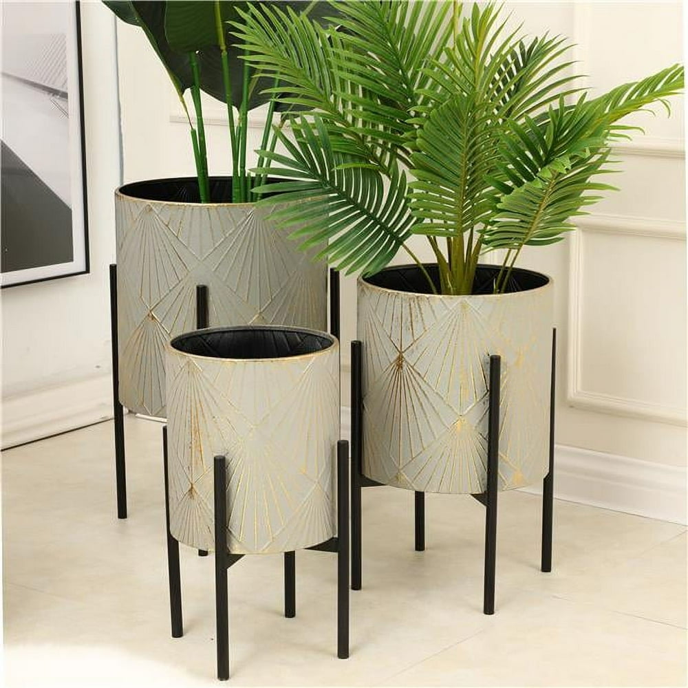 Luxenhome 3-Piece Gray and Gold Metal Cachepot Planters with Black Stand