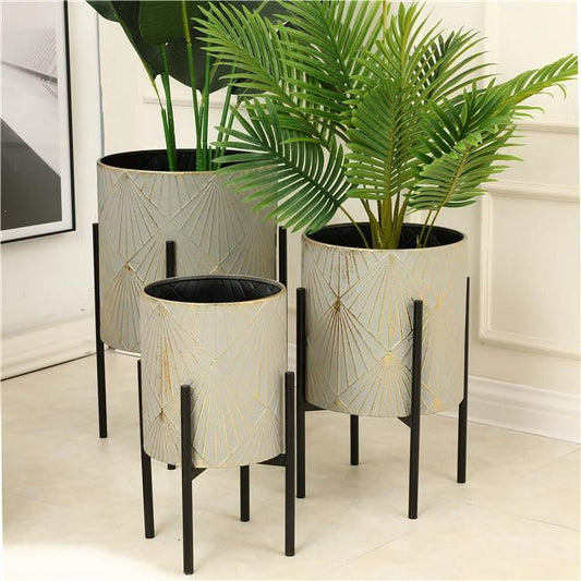 Luxenhome 3-Piece Gray and Gold Metal Cachepot Planters with Black Stand