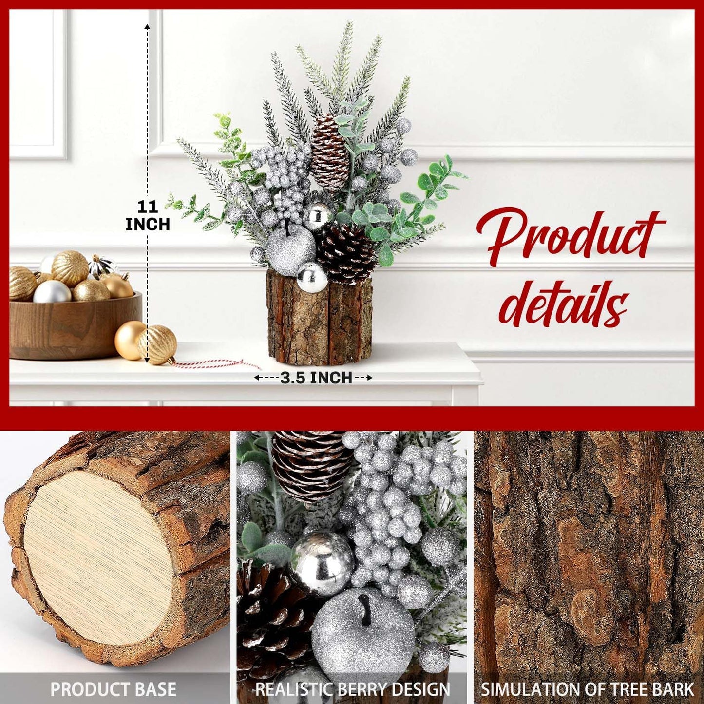 Small Christmas Tree Tabletop Artificial Mini Christmas Tree Decorations with Holiday Ornaments Red Berry Pine Cone Greenery for Home Indoor Fireplace Mantel Xmas Decor (Tree Stump-Silver)