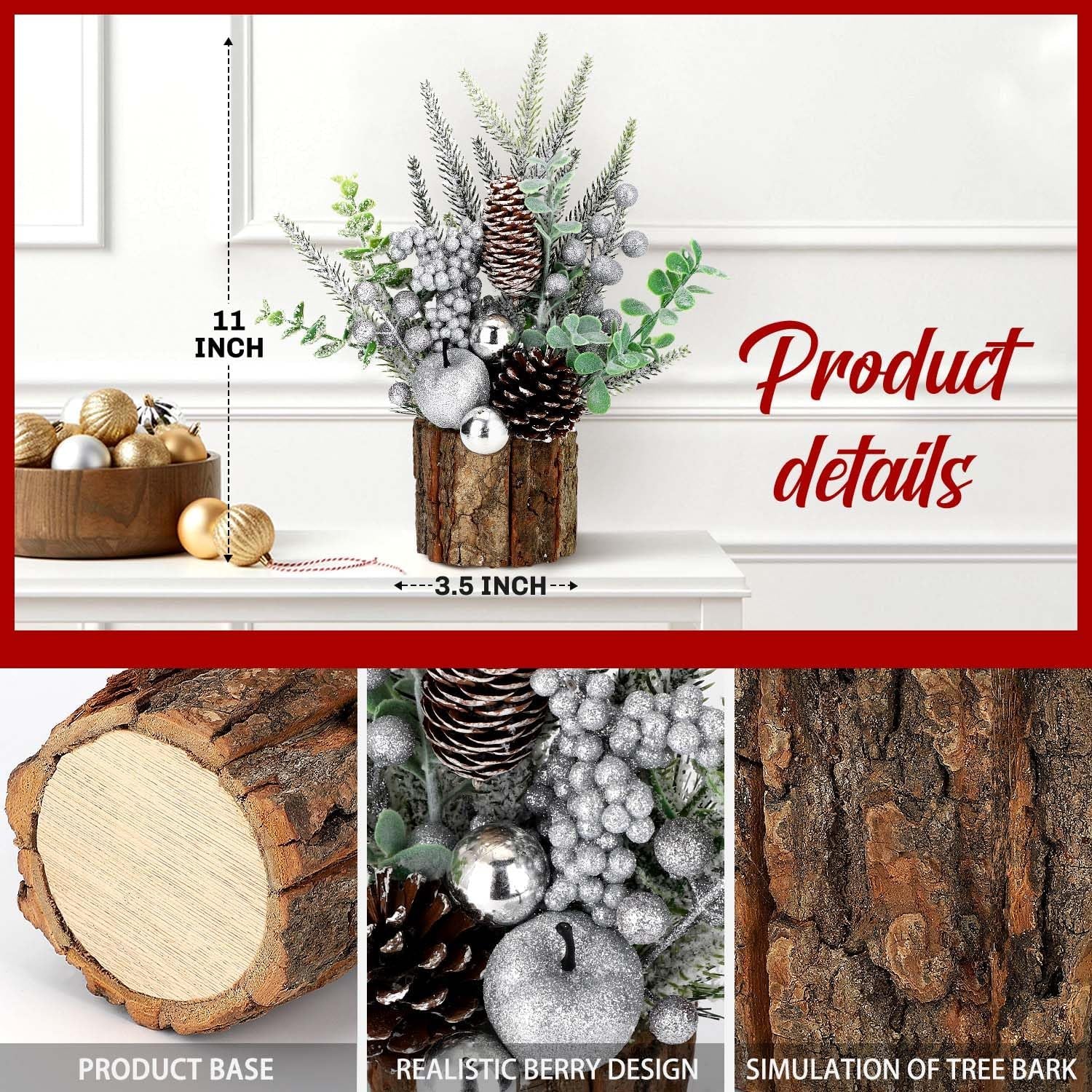 Small Christmas Tree Tabletop Artificial Mini Christmas Tree Decorations with Holiday Ornaments Red Berry Pine Cone Greenery for Home Indoor Fireplace Mantel Xmas Decor (Tree Stump-Silver)