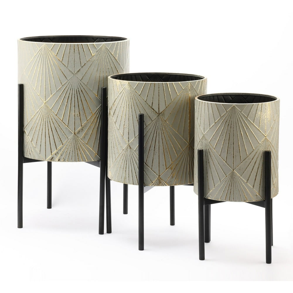 Luxenhome 3-Piece Gray and Gold Metal Cachepot Planters with Black Stand