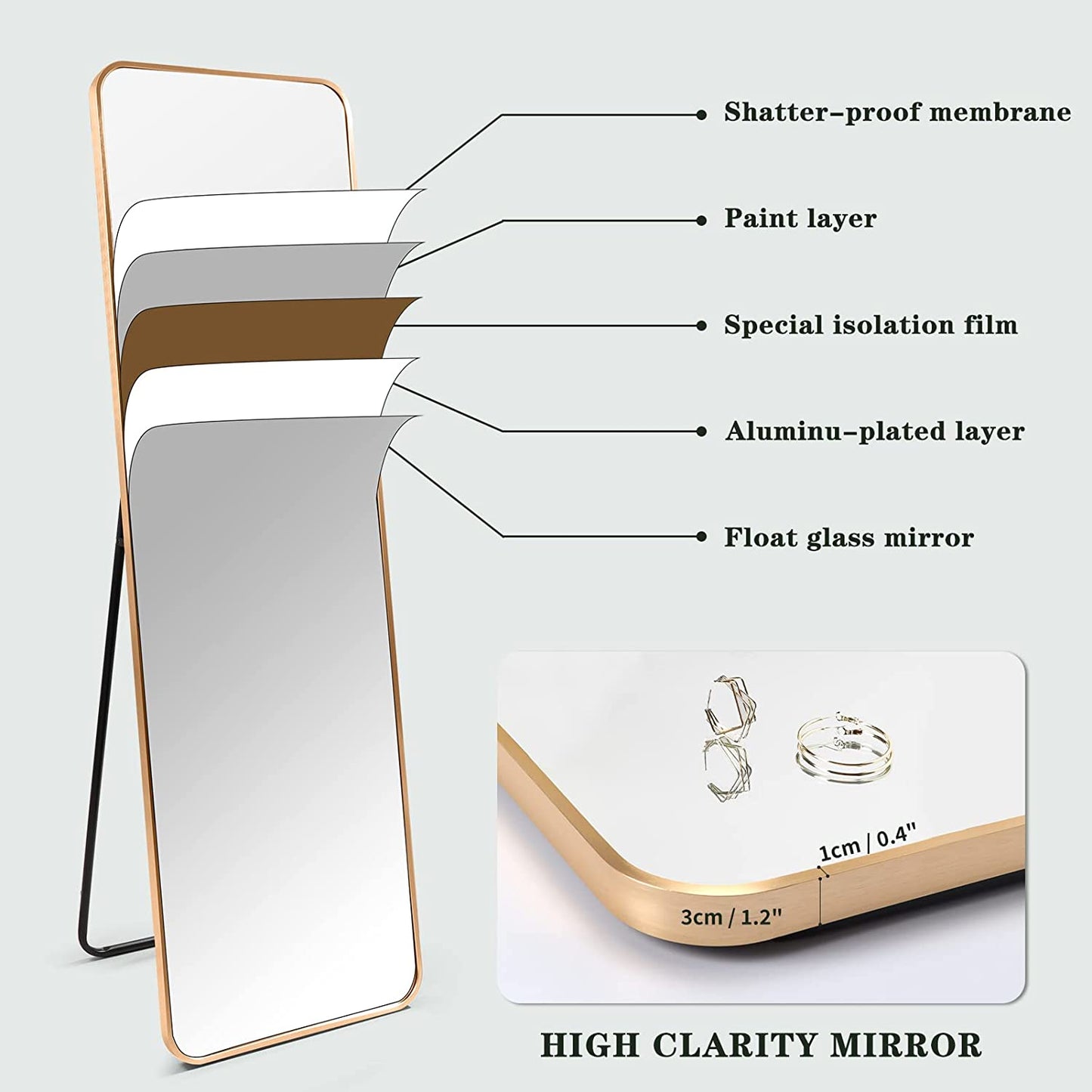 Gold Full Length Floor Mirror with Aluminum Frame for Wall Mounted, Standing, Leaning, 60"X18" Full Body Large Mirror for Dressing Room, Bedroom, Bathroom