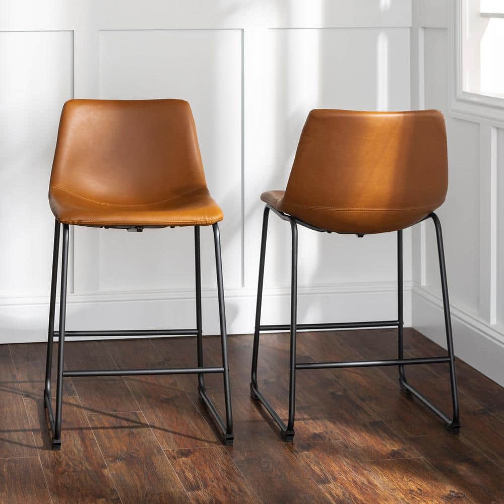 Wasatch 24 In. Whiskey Brown Low Back Metal Frame Counter Height Bar Stool with Faux Leather Seat (Set of 2)