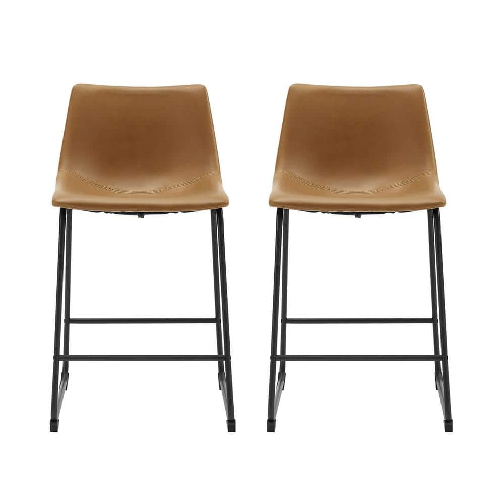 Wasatch 24 In. Whiskey Brown Low Back Metal Frame Counter Height Bar Stool with Faux Leather Seat (Set of 2)