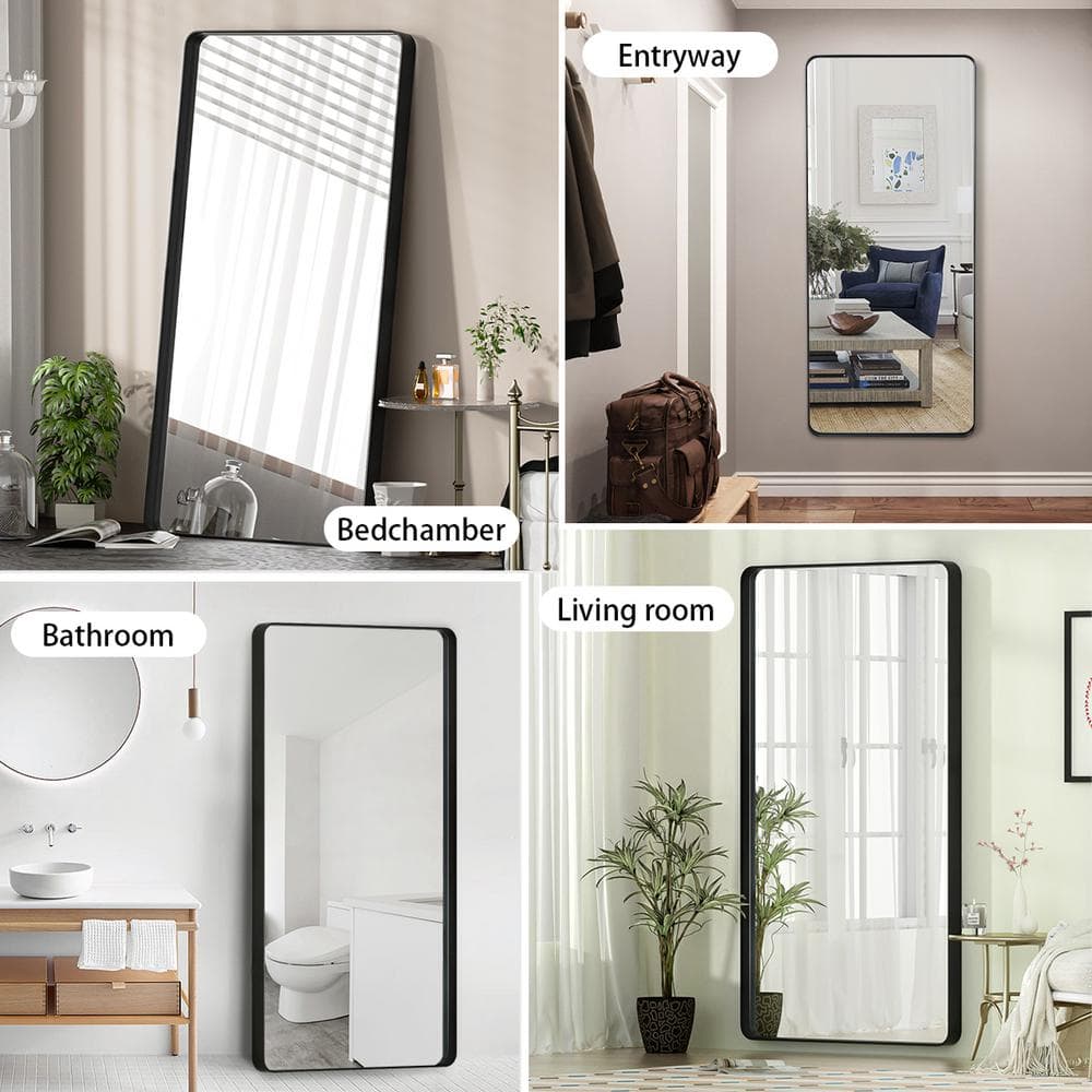 24 In. W X 71 In. H Rectangular Modern Black Aluminum Framed Rounded Full Length Mirror