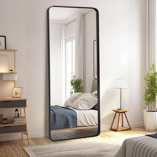 24 In. W X 71 In. H Rectangular Modern Black Aluminum Framed Rounded Full Length Mirror